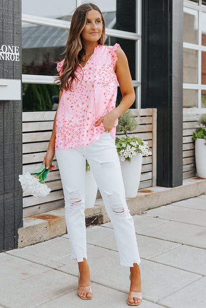 Floral Print Drawstring Frill Trim Sleeveless Top | Pink