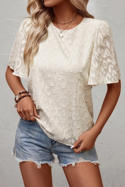 Elegant Jacquard Butterfly Sleeve Blouse | Beige