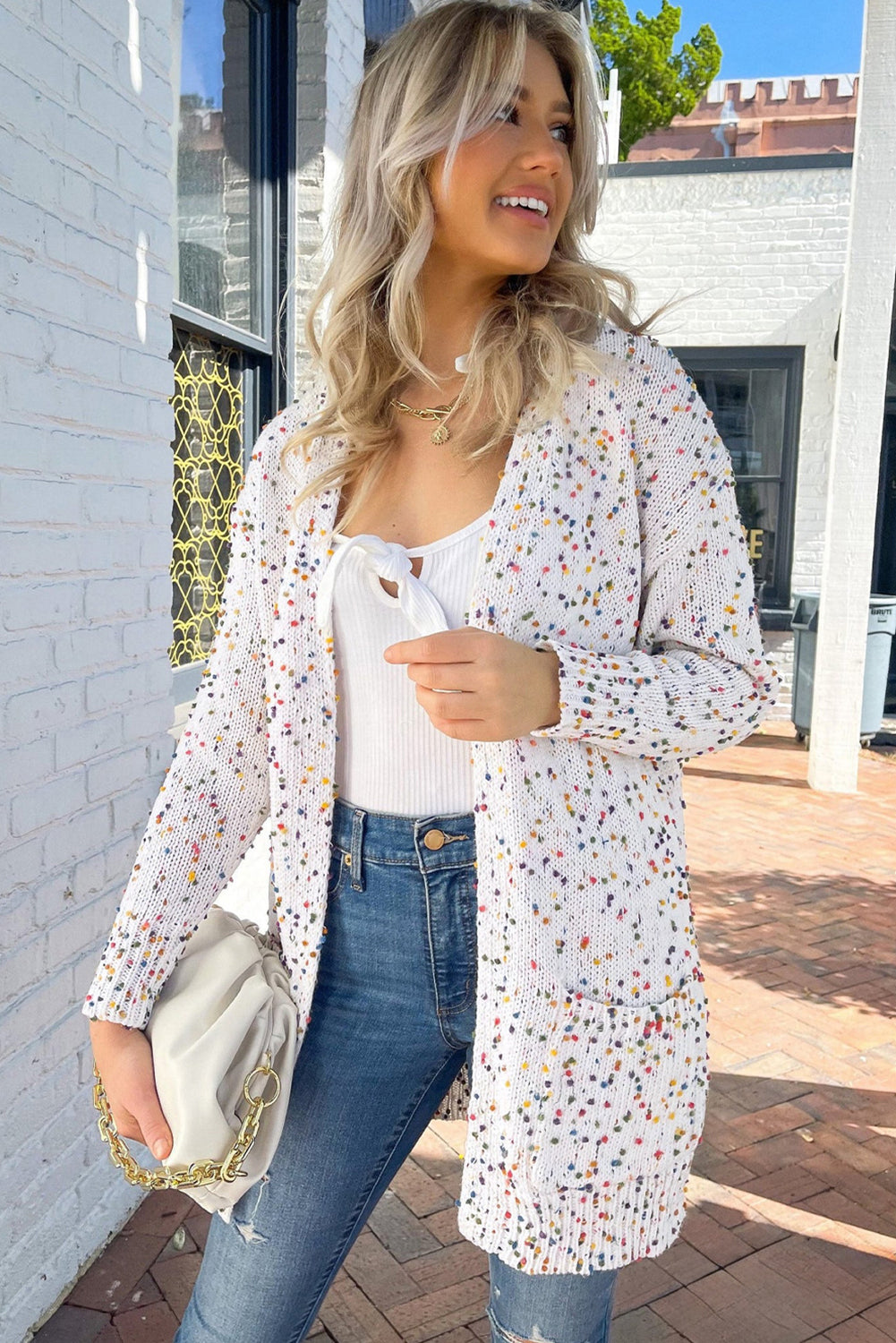 Confetti Rib Knit Long Sleeve Cardigan | White