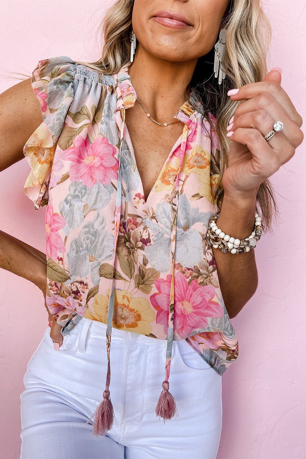 Floral Print Tassel Tie Short Sleeve Blouse | Pink