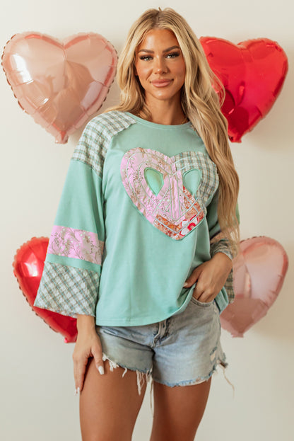 Plaid Floral Peace Heart Graphic Wide Long Sleeve Top | Clearly Aqua