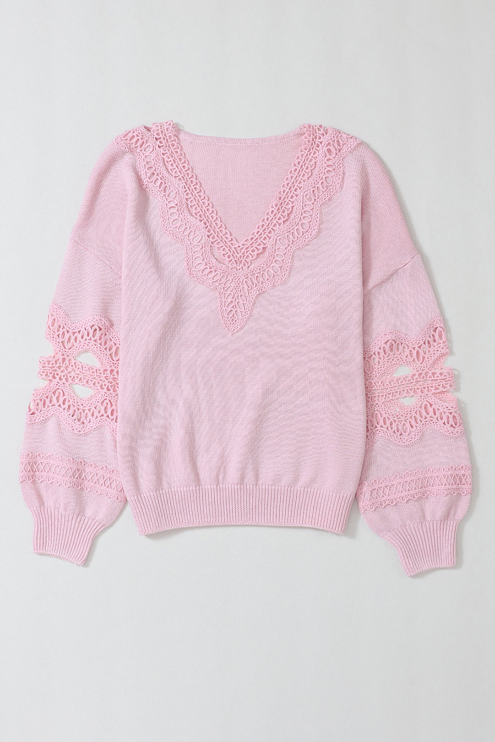 Hollowed Lace Splicing V Neck Loose Sweater | Pink