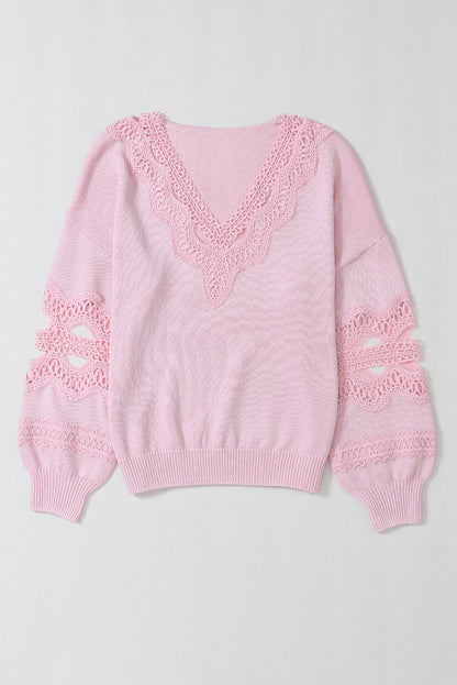 Hollowed Lace Splicing V Neck Loose Sweater | Pink