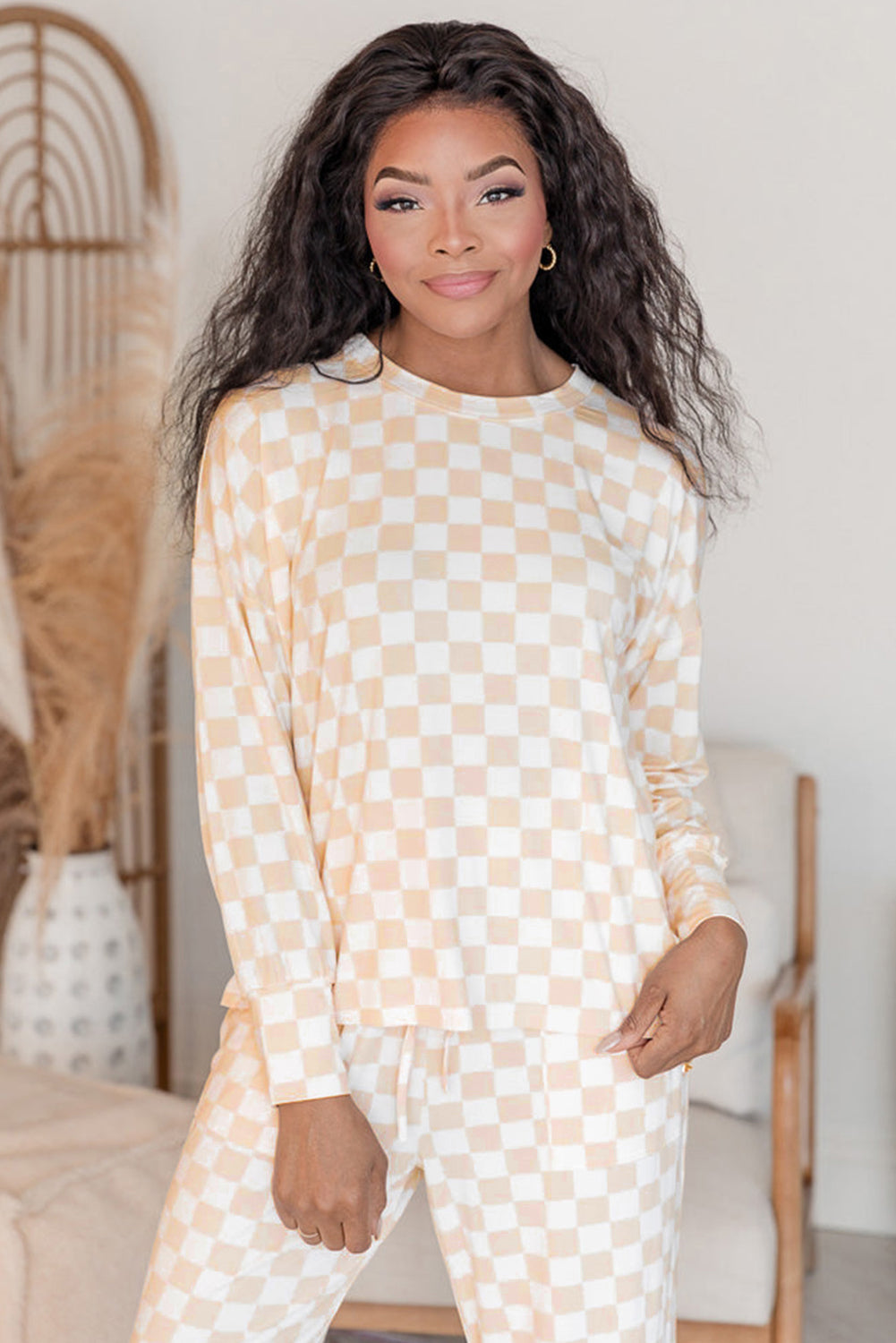 Checkered Print Long Sleeve Top And Pants Lounge Set | Beige