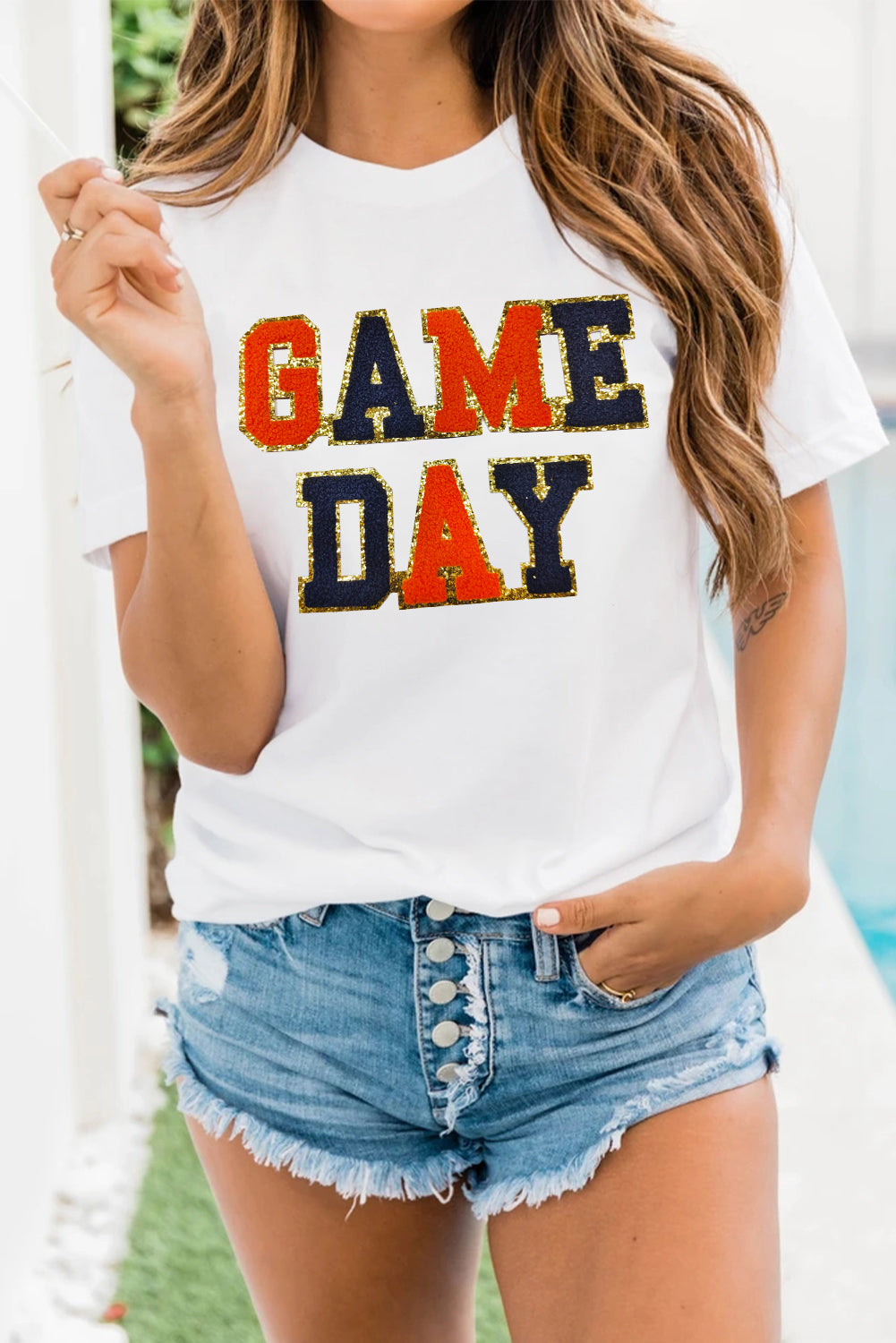 Glitter Game Day Rugby Football Season Round Neck T Shirt | White