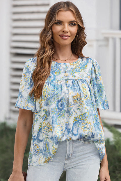 Paisley Print Wide Sleeves Loose Blouse | Sky Blue