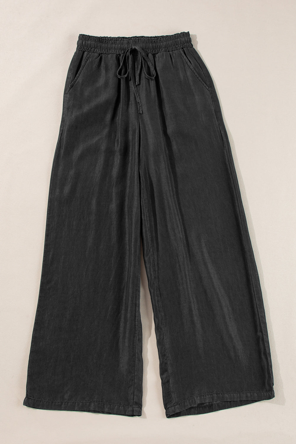 Drawstring High Waist Wide Leg Denim Pants | Black