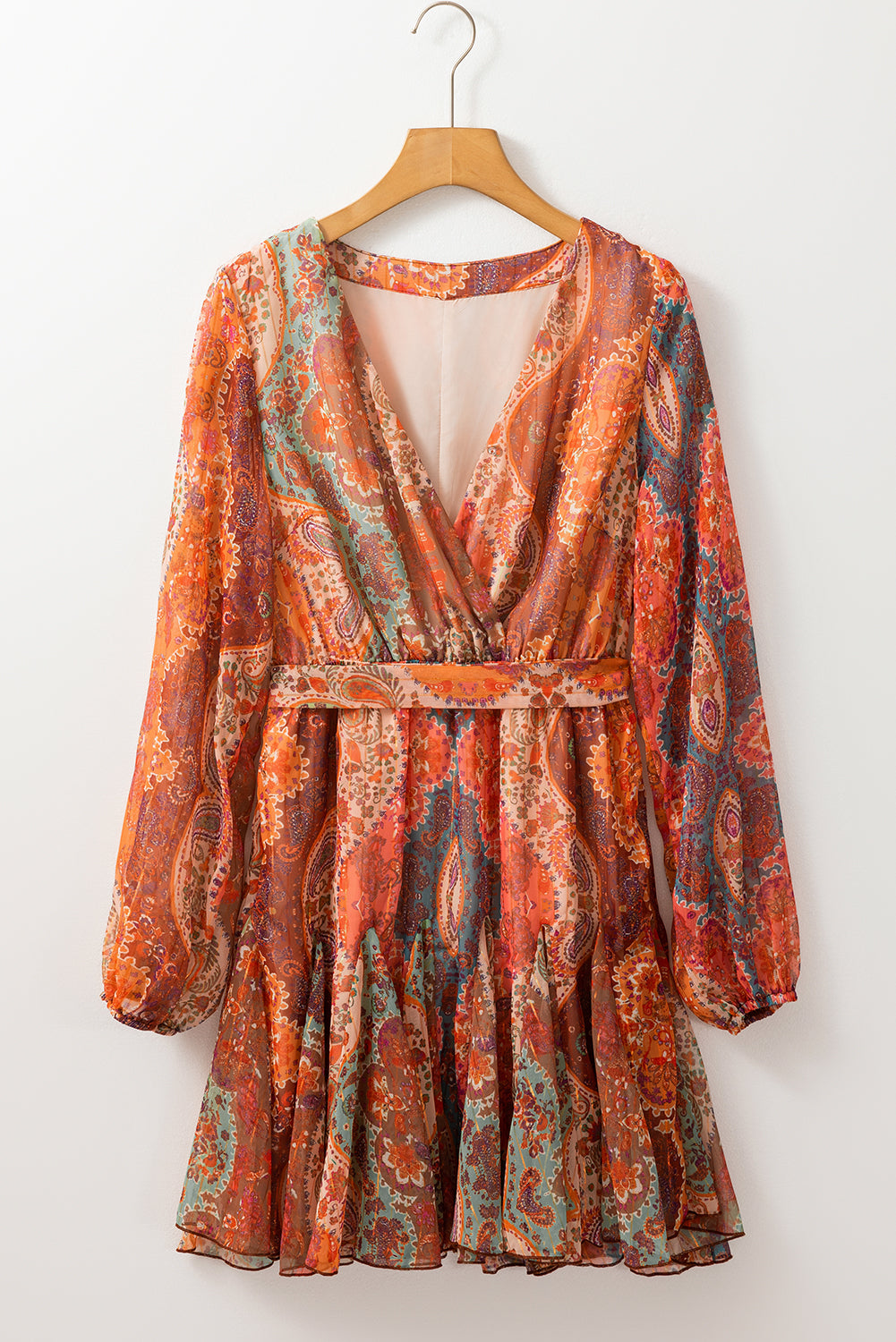 Boho Paisley Print Long Sleeve Pleated Belted Mini Dress | Orange