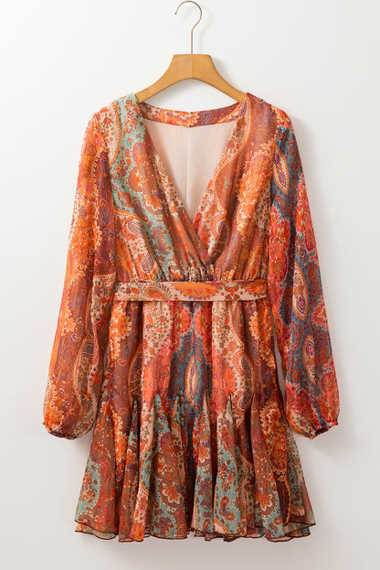 Boho Paisley Print Long Sleeve Pleated Belted Mini Dress | Orange