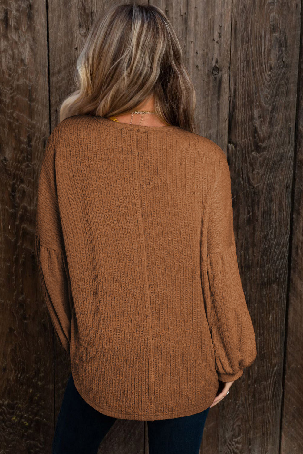 Faux Knit Jacquard Puffy Long Sleeve Top | Orange