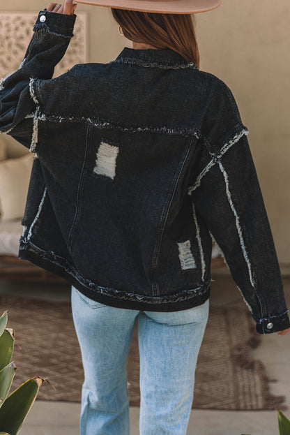 Flap Pocket Distressed Button-Up Denim Jacket | Black