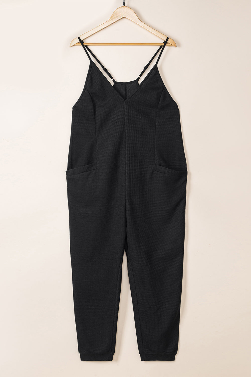 Textured Sleeveless V-Neck Pocketed Casual Jumpsuit | Black