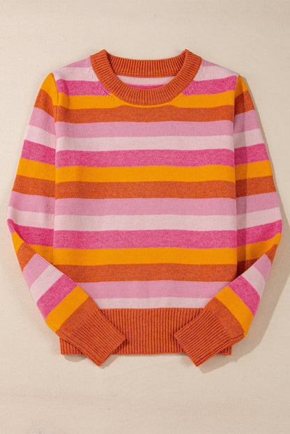 Colour Block Ribbed Edge Round Neck Sweater | Orange