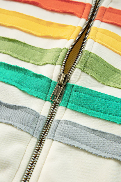 Colourblock Striped Patchwork Side Pockets Zipper Hoodie | Apricot