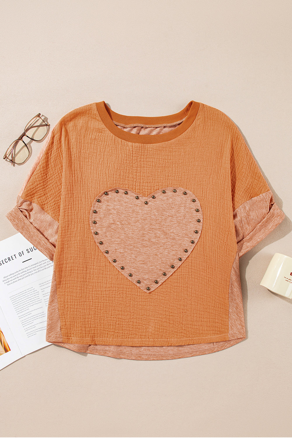 Stud Heart Patch Textured Front Dolman Top | Desert Gold