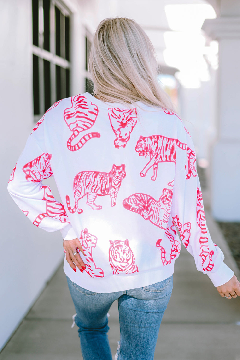 Pink Animal Print Pullover Sweatshirt | Bright White