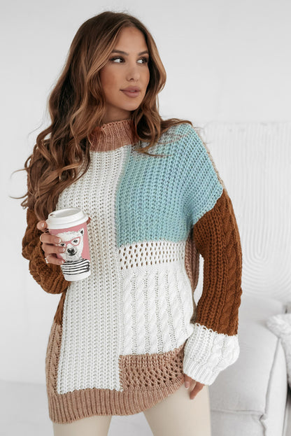 Mix Textured Knit Colourblock Patchwork Sweater | Khaki