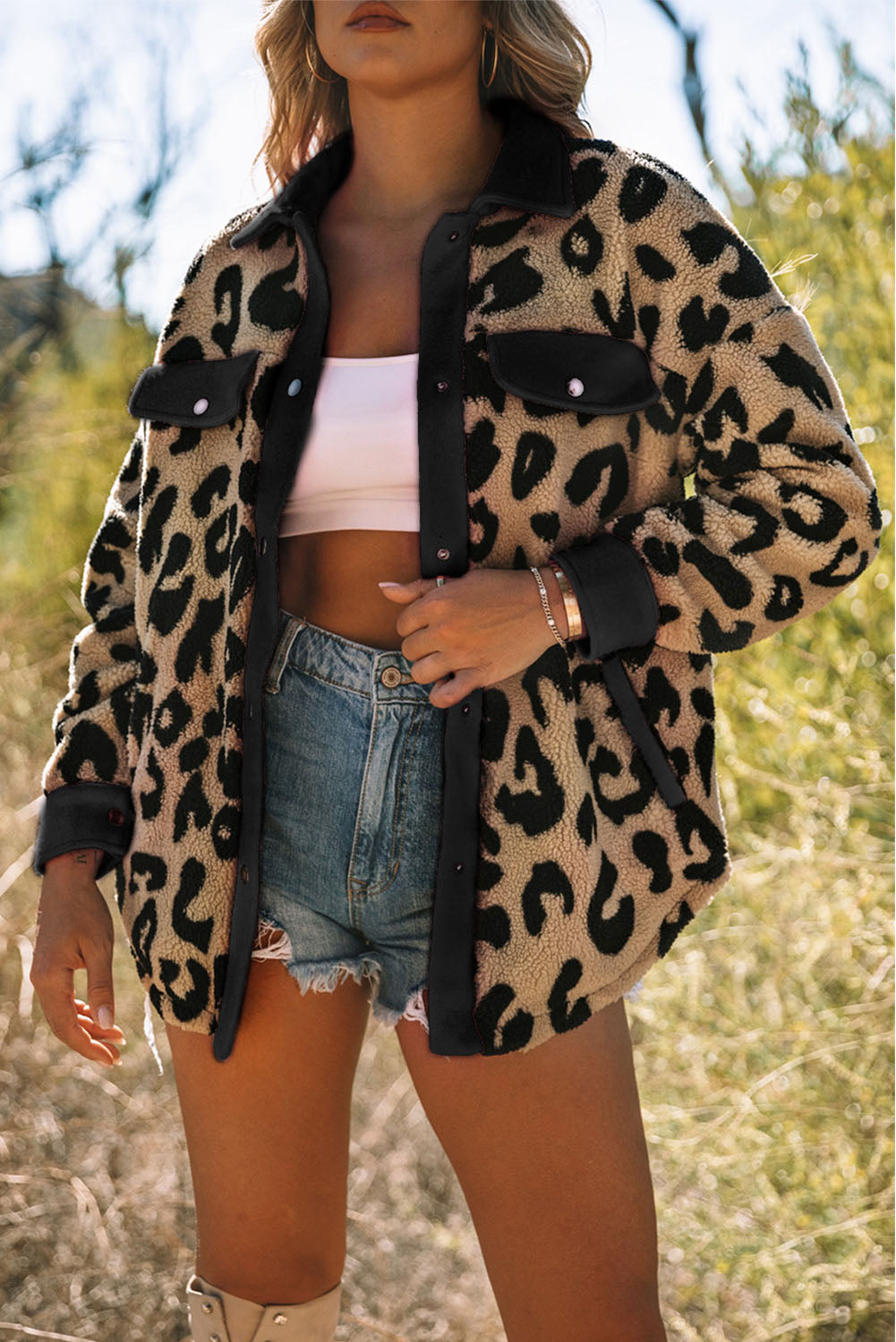 Contrast Trimmed Leopard Teddy Shacket | Black