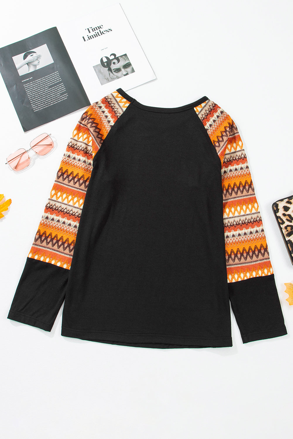 Geo Print Raglan Patchwork Long Sleeve Tee | Orange