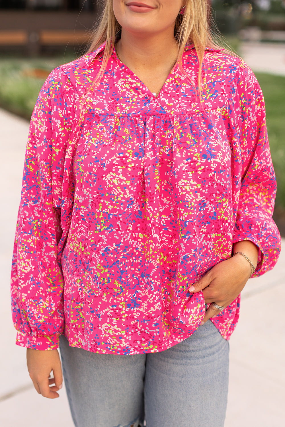 Plus Size Floral Print Puff Sleeve V Neck Blouse | Purple