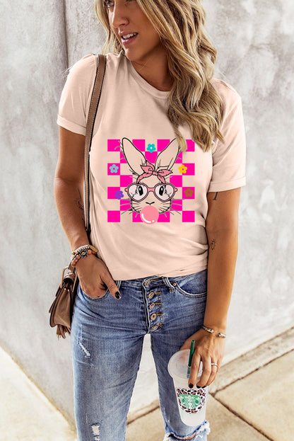 Easter Rabbit Checkered Flower Print O-Neck T Shirt | Pink