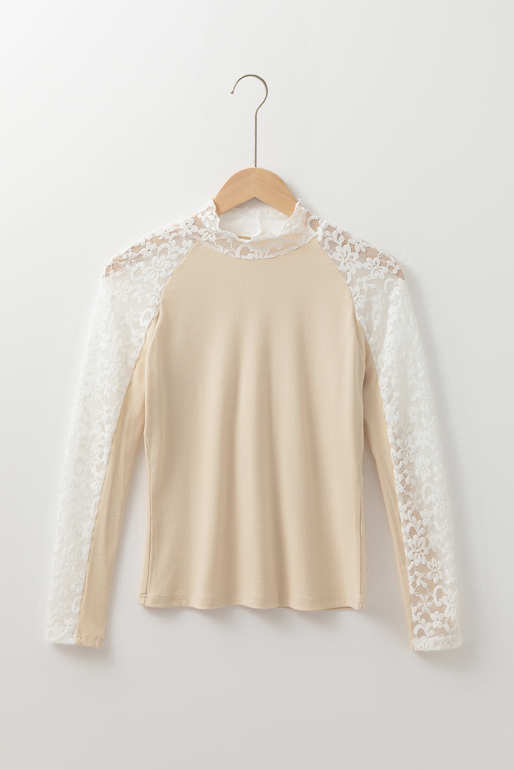 Floral Lace Patchwork Long Sleeve High Neck Slim Top | Beige