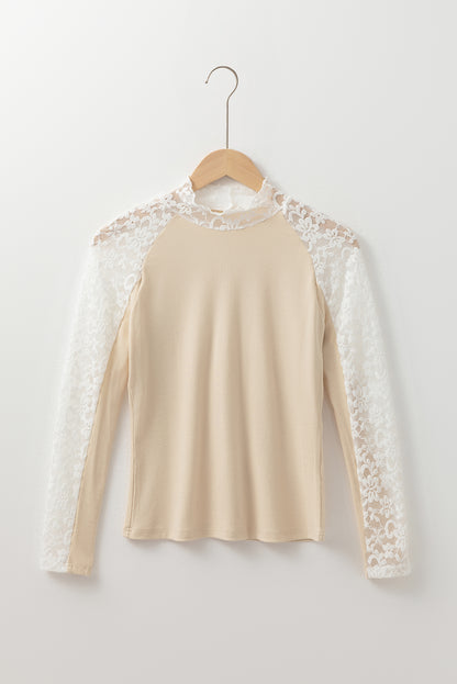 Floral Lace Patchwork Long Sleeve High Neck Slim Top | Beige