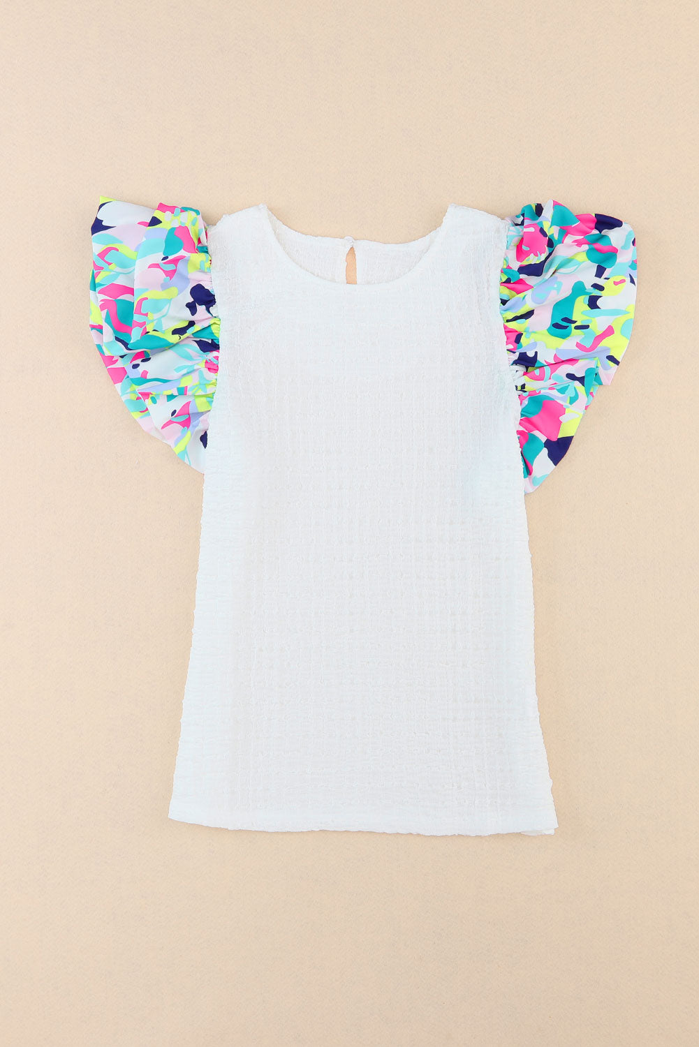 Voluminous Printed Puff Sleeve Textured Top | White