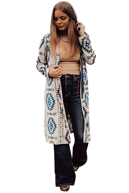 Western Aztec Printed Open Front Long Cardigan | Sky Blue