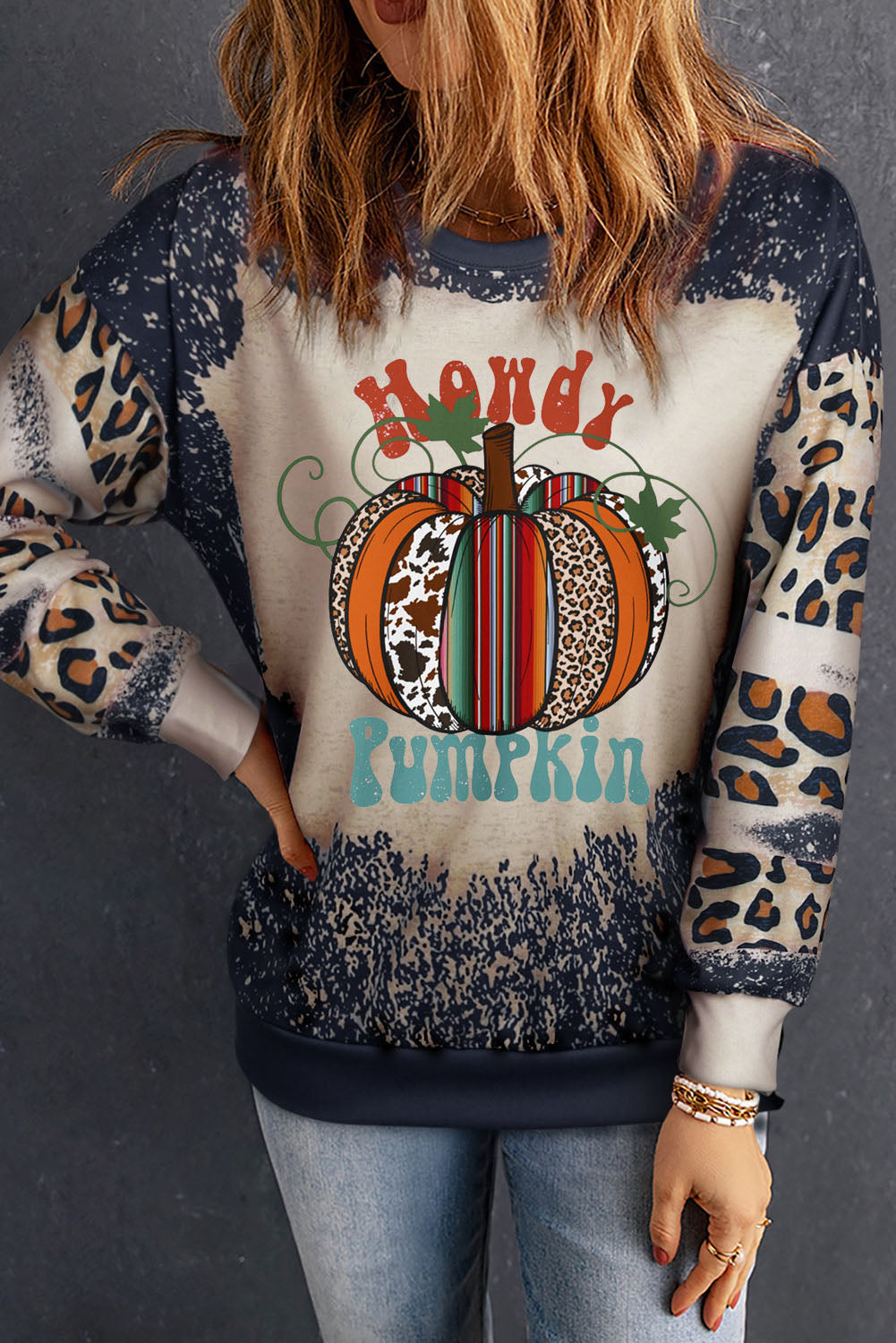 Black Leopard Pumpkin Bleached Halloween Graphic Sweatshirt