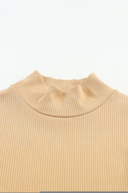 Ribbed Knit High Neck Long Sleeve Top | Khaki