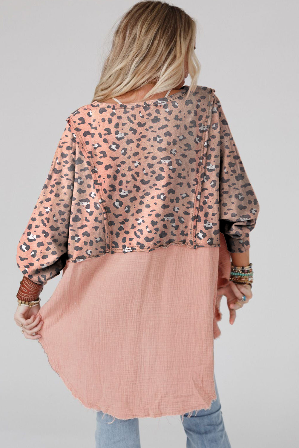 Raw Edge Leopard Patchwork Oversized Blouse | Pink