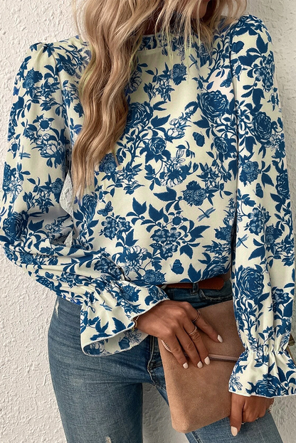 Floral Print Flounce Sleeve Keyhole Back Blouse | Sky Blue