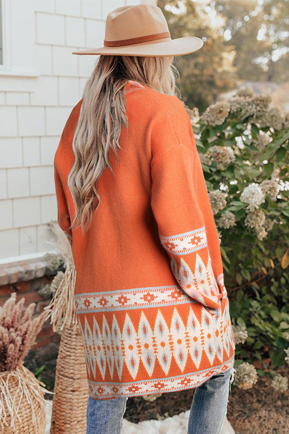 Aztec Print Open Front Knitted Cardigan | Orange Printed