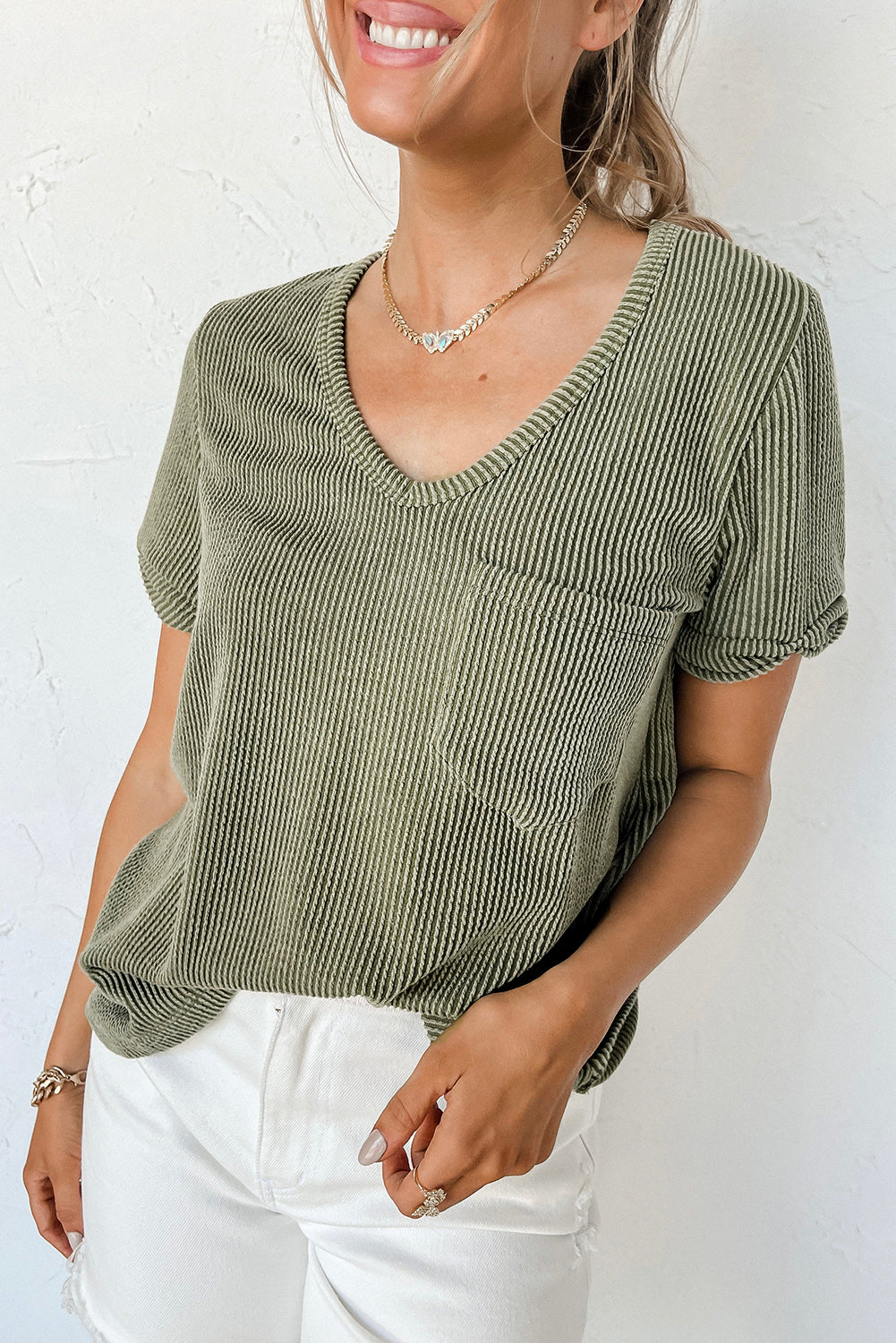 Twist Short Sleeve Corded V Neck Top | Laurel Green