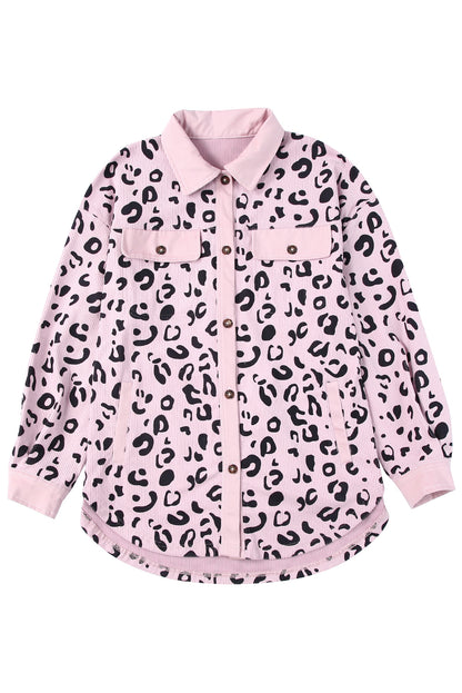 Collared Neckline Flap Pockets Leopard Corduroy Jacket | Pink