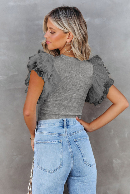 Dotty Mesh Ruffle Sleeve Ribbed Knit Top | Gray