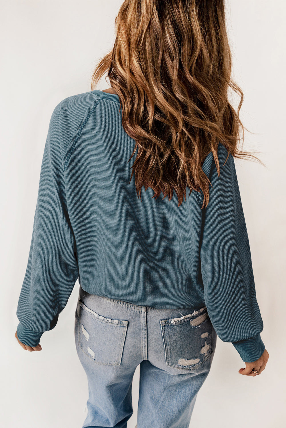 Waffle Knit Raglan Sleeve Henley Sweatshirt | Sea Green