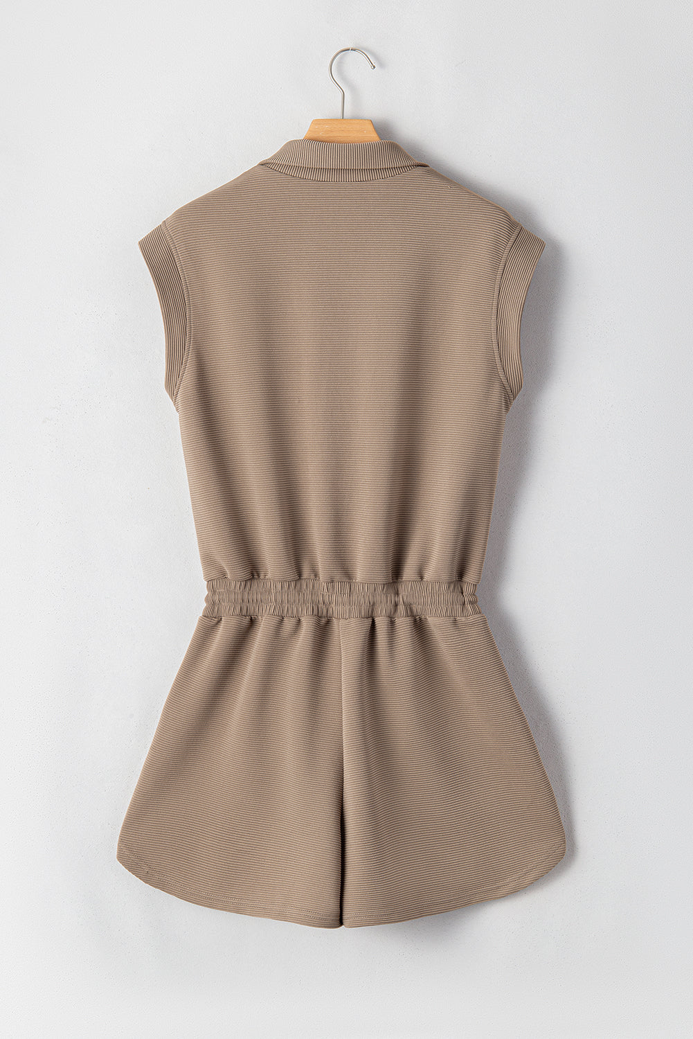 Textured Short Sleeve Half Zip Drawstring Waist Romper | Dark Khaki