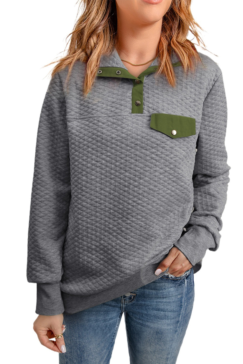 Dark  Quilted Snaps Stand Neck Sweatshirt With Fake Front Pocket | Gray