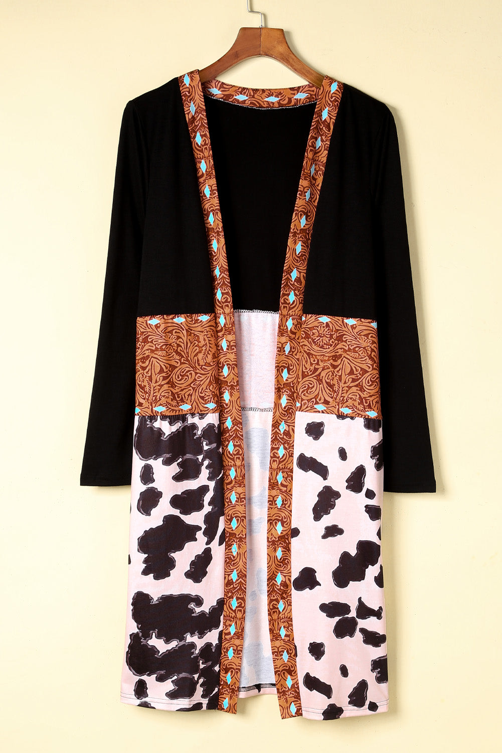 Western Pattern Cow Patchwork Open Front Cardigan | Black