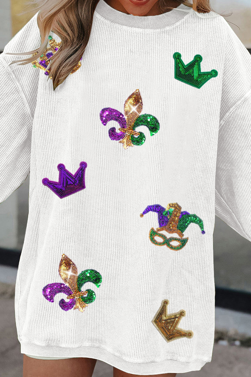 Sequin Mardi Gras Symbol Crown Mask Patched Corded Sweatshirt | White