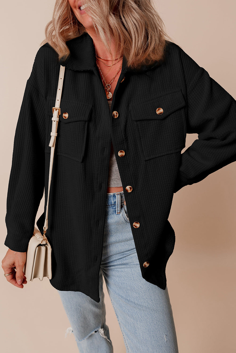 Corduroy Flap Pocket Button Up Shacket | Black