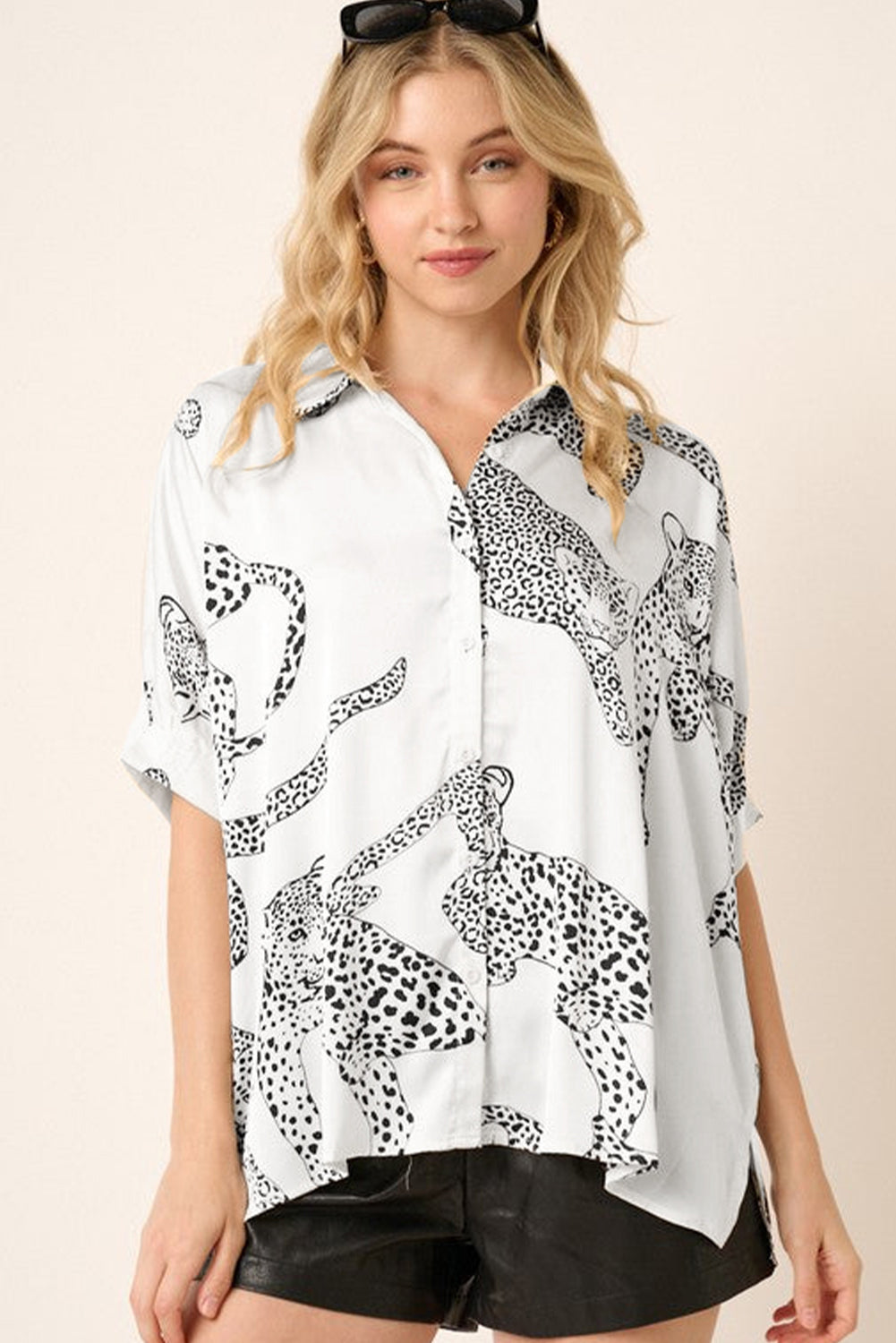 Cheetah Print Buttoned Half Sleeve Shirt | Beige