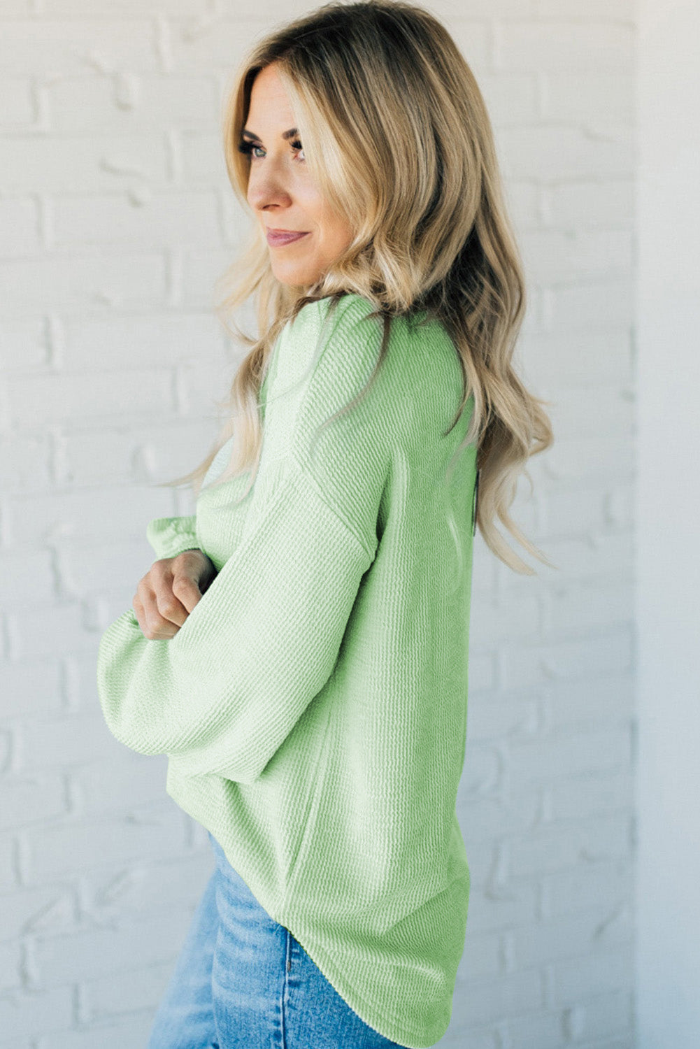 Solid Cord Ribbed Drop Shoulder Pullover Top | Moonlight Jade