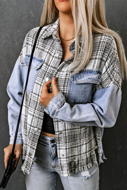 Plaid Patchwork Fringed Flap Pockets Denim Jacket | Sky Blue