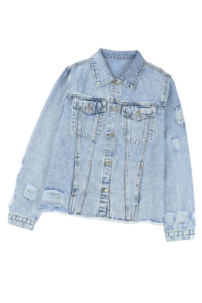 Lapel Distressed Raw Hem Buttons Denim Jacket | Sky Blue