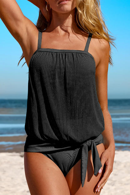 Striped Mesh Knotted Hem Tankini Swimsuit | Black