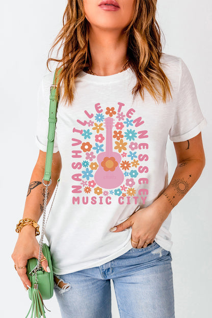 Floral Guitar Nashville Slogan Graphic T Shirt | White