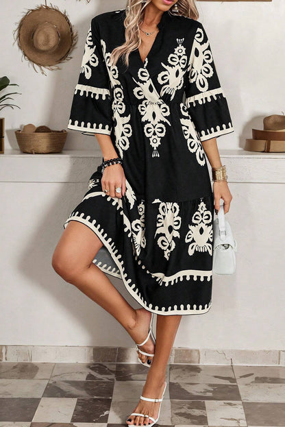 Western Geometric Print 3/4 Sleeve Loose Midi Dress | Black